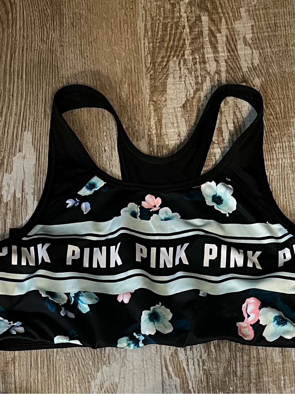 EUC!PINK💗VS SET(L)!Terry Cotton Varsity White Short&LOGO Black Floral Sport Bra! - Picture 3 of 10